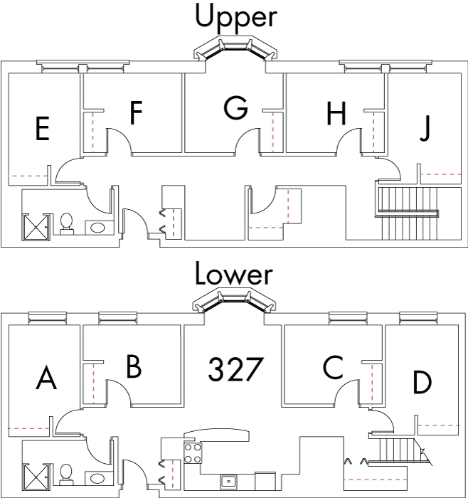 Village at 115 layout plan for building 7, apartment 327, with two floors, with rooms A, B, C, and D on Lower, and E, F, G, H and J on Upper