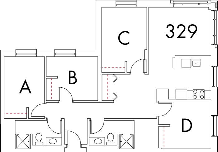 Village at 115 layout plan for building 7, apartment 329, with rooms A, B, C and D