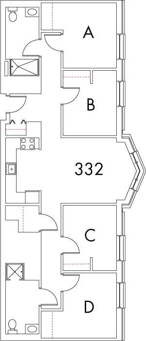 Village at 115 layout plan for building 3, apartment 332, with rooms A, B, C and D