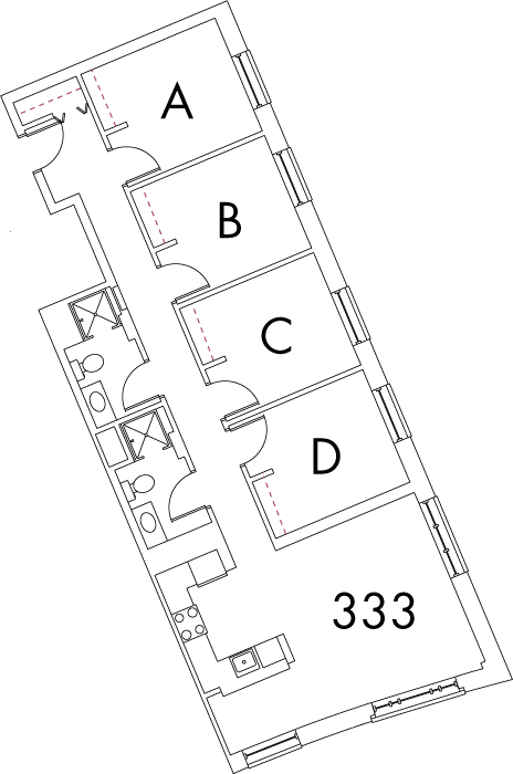 Village at 115 layout plan for building 7, apartment 333, with rooms A, B, C and D
