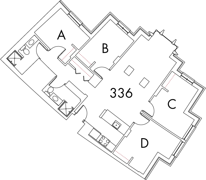 Village at 115 layout plan for building 3, apartment 336, with rooms A, B, C and D