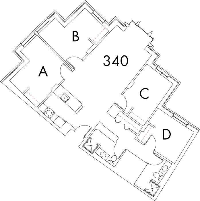 Village at 115 layout plan for building 3, apartment 340, with rooms A, B, C and D