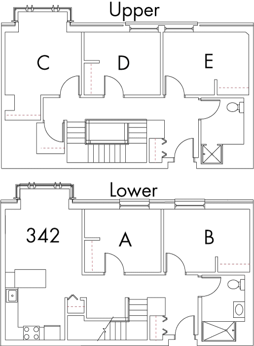 Village at 115 layout plan for building 3, apartment 342, with two floors, with rooms A and B on Lower, and C, D and E on Upper