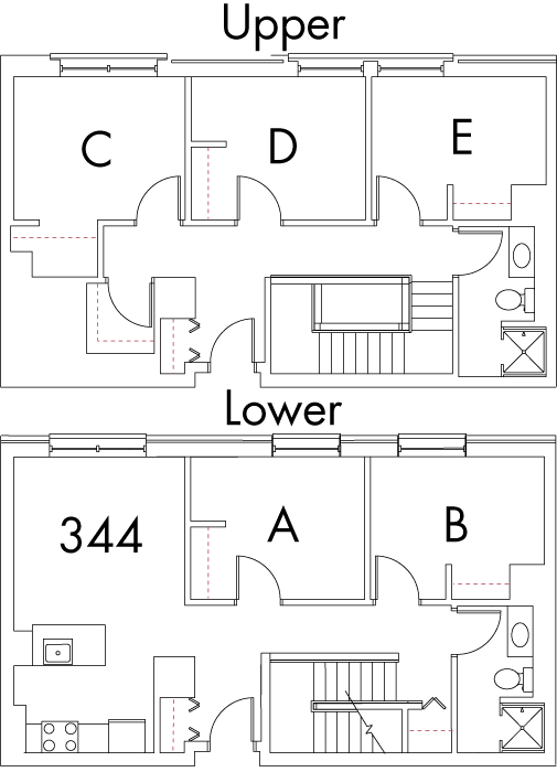 Village at 115 layout plan for building 3, apartment 344, with two floors, with rooms A and B on Lower, and C, D and E on Upper