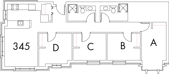 Village at 115 layout plan for building 3, apartment 345, with rooms A, B, C and D