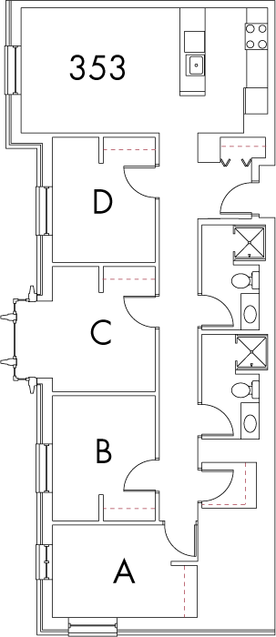 Village at 115 layout plan for building 4, apartment 353, with rooms A, B, C and D