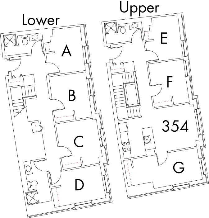 Village at 115 layout plan for building 4, apartment 354, with two floors, with rooms A, B, C and D on Lower, and E, F and G on Upper