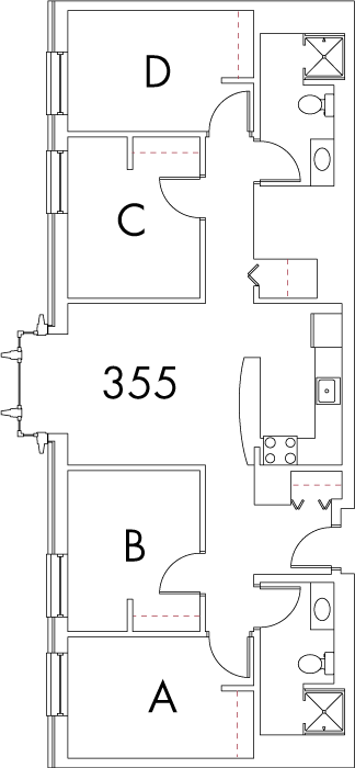 Village at 115 layout plan for building 4, apartment 355, with rooms A, B, C and D