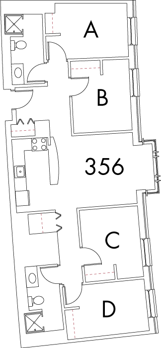 Village at 115 layout plan for building 4, apartment 356, with rooms A, B, C and D
