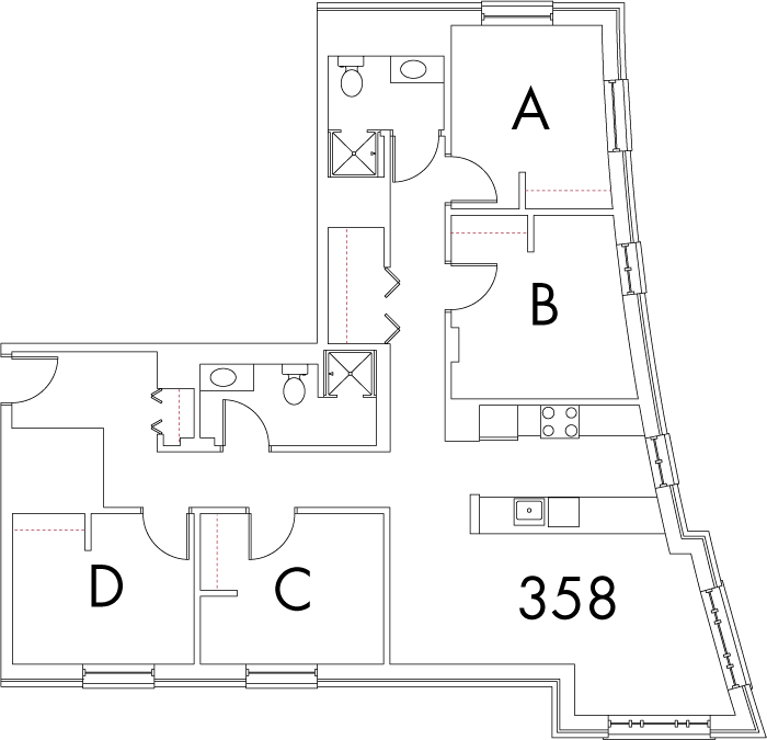 Village at 115 layout plan for building 4, apartment 358, with rooms A, B, C and D, in corner arrangement