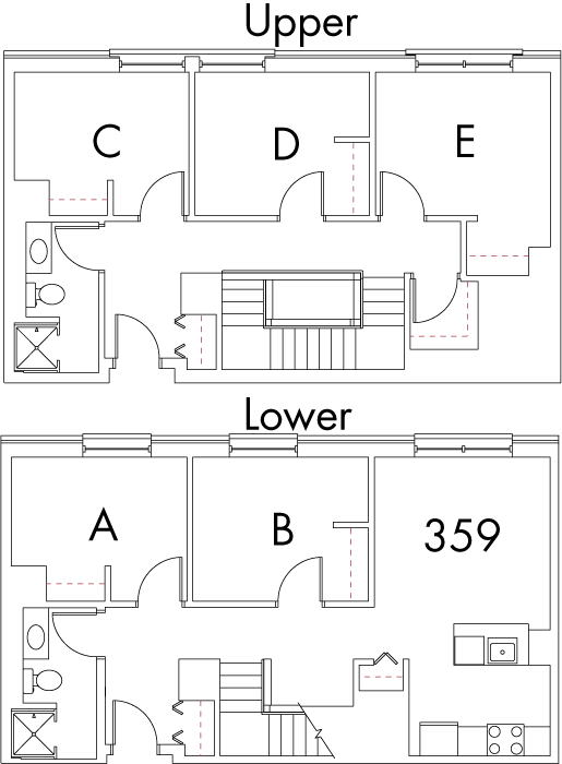 Village at 115 layout plan for building 4, apartment 359, with two floors, with rooms A and B on Lower, and C, D and E on Upper