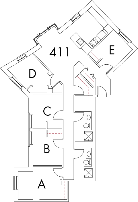 Village at 115 layout plan for building 1, apartment 411, with rooms A, B, C, D and E