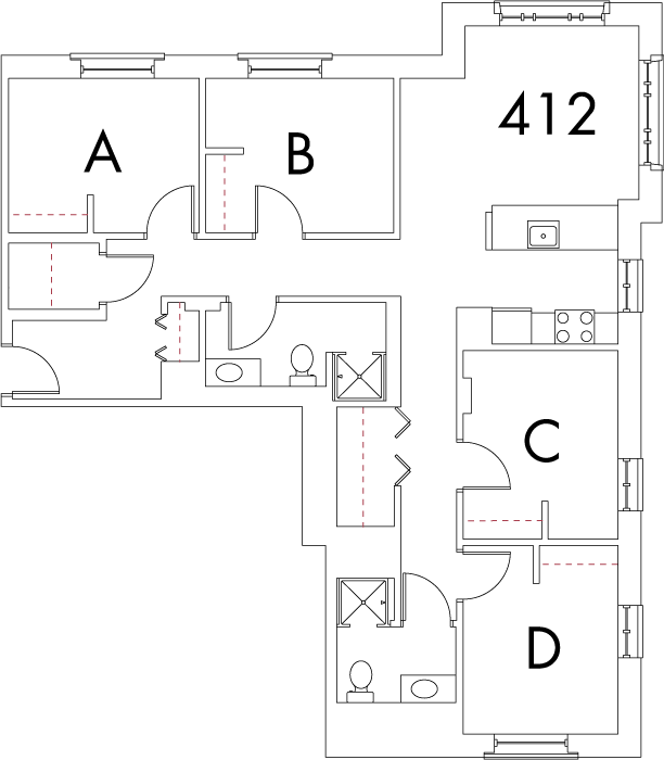 Village at 115 layout plan for building 5, apartment 412, with rooms A, B, C and D, in right angle arrangement