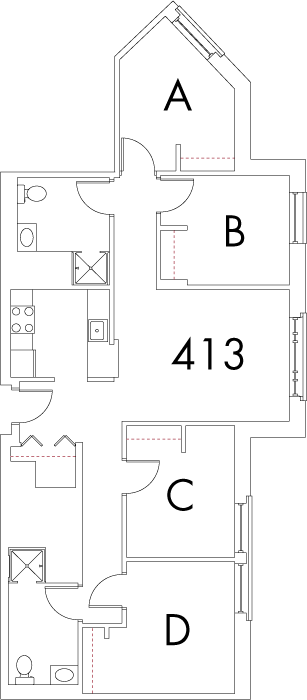 Village at 115 layout plan for building 1, apartment 413, with rooms A, B, C and D