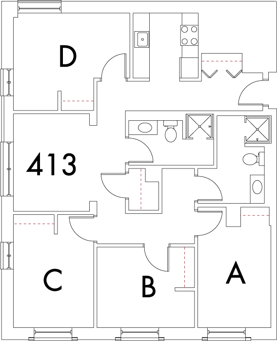 Village at 115 layout plan for building 5, apartment 413, with rooms A, B, C and D, in square arrangement