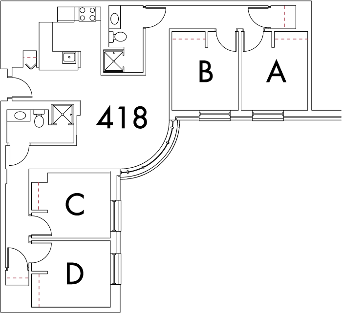 Village at 115 layout plan for building 5, apartment 418, with rooms A, B, C and D, in right angle arrangement