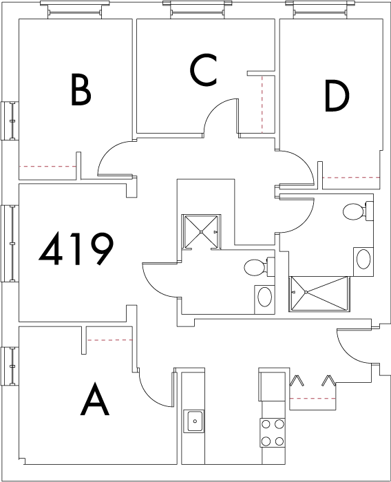 Village at 115 layout plan for building 5, apartment 419, with rooms A, B, C and D, in square arrangement