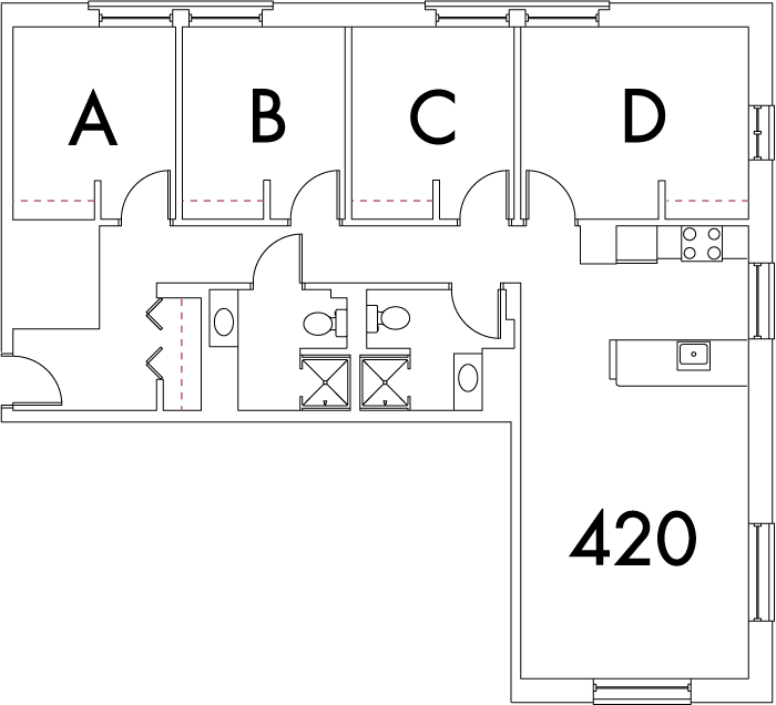 Village at 115 layout plan for building 5, apartment 420, with rooms A, B, C and D, in right angle arrangement