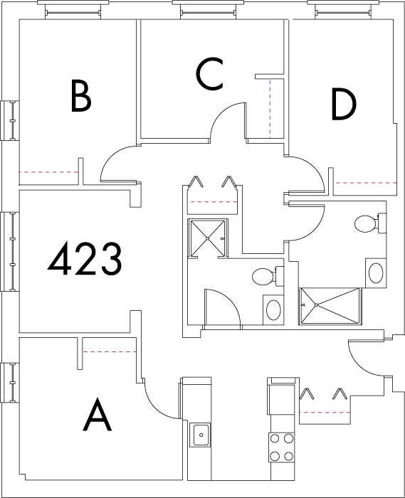 Village at 115 layout plan for building 7, apartment 423, with rooms A, B, C and D, in square arrangement
