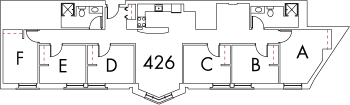 Village at 115 layout plan for building 7, apartment 426, with rooms A, B, C and D