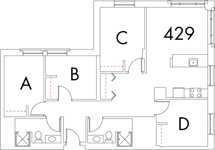 Village at 115 layout plan for building 7, apartment 429, with rooms A, B, C and D