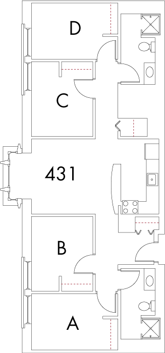 Village at 115 layout plan for building 3, apartment 431, with rooms A, B, C and D