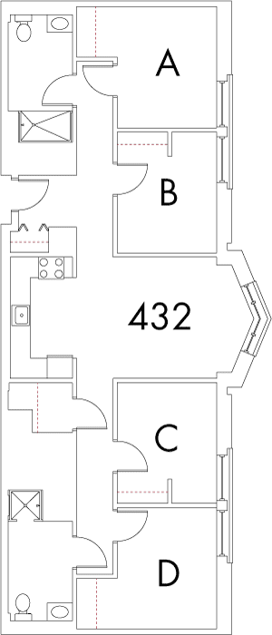 Village at 115 layout plan for building 3, apartment 432, with rooms A, B, C and D