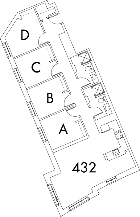 Village at 115 layout plan for building 7, apartment 432, with rooms A, B, C and D
