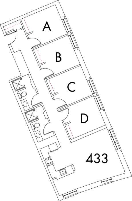 Village at 115 layout plan for building 7, apartment 433, with rooms A, B, C and D