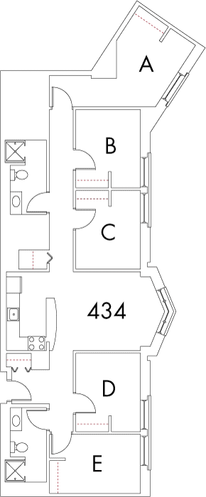 Village at 115 layout plan for building 3, apartment 434, with rooms A, B, C, D and E, with A horizontally aligned