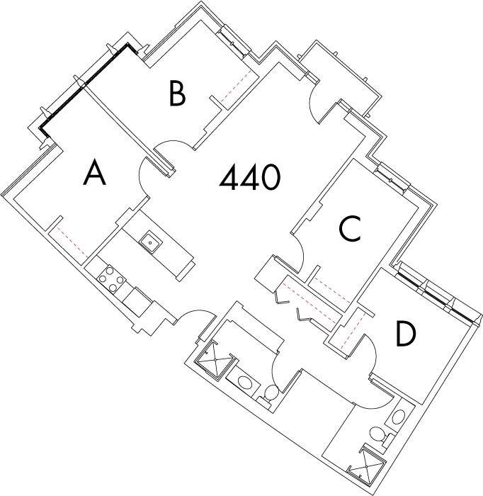 Village at 115 layout plan for building 3, apartment 440, with rooms A, B, C and D