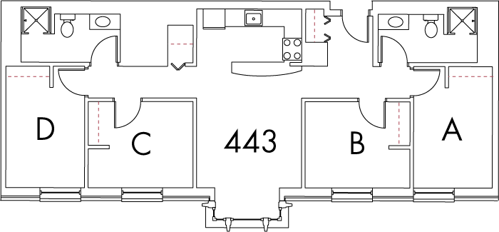Village at 115 layout plan for building 3, apartment 443, with rooms A, B, C and D