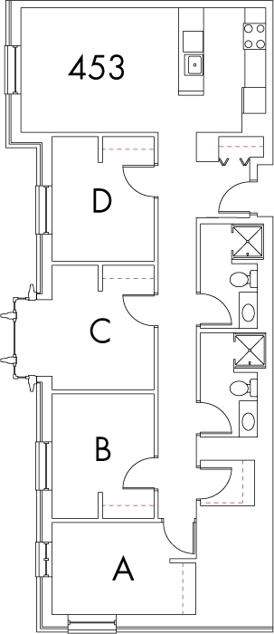 Village at 115 layout plan for building 4, apartment 453, with rooms A, B, C and D