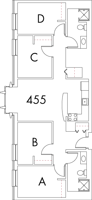 Village at 115 layout plan for building 4, apartment 455, with rooms A, B, C and D
