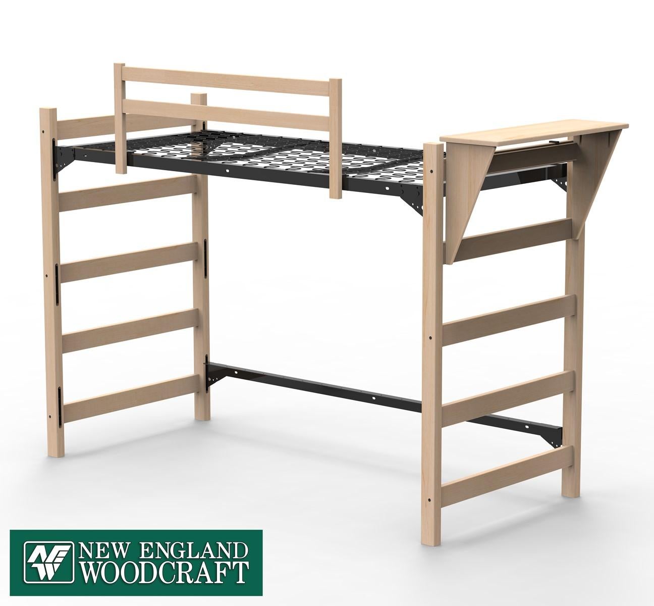 Lofted bed with railing and shelf