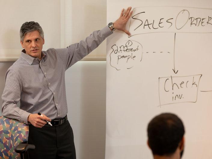 Photo of Weatherhead School of Management Professor Anthony Bucaro teaching in front of a white board