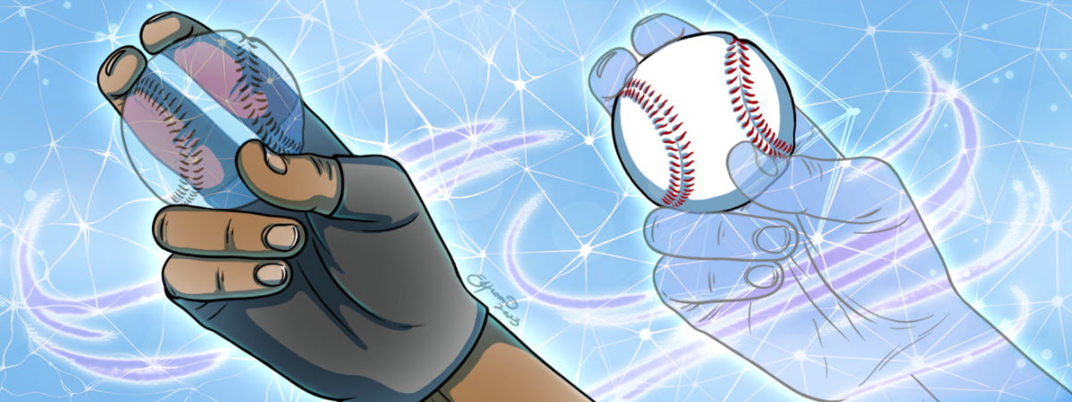 Image of hand in reality and virtual reality holding a baseball