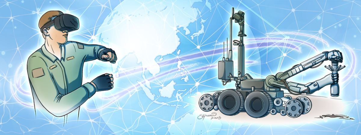 Image a a man using VR to control a Military Explosive Ordnance Disposal robot