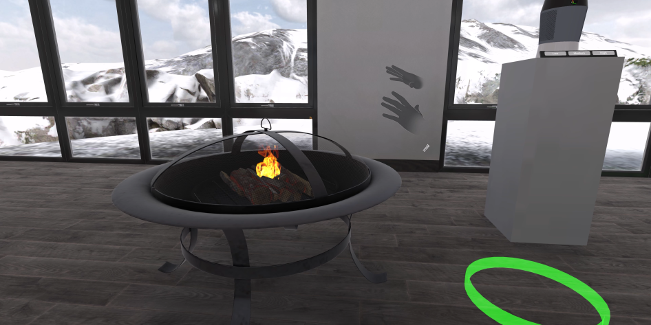 hands in virtual reality in front of a fire