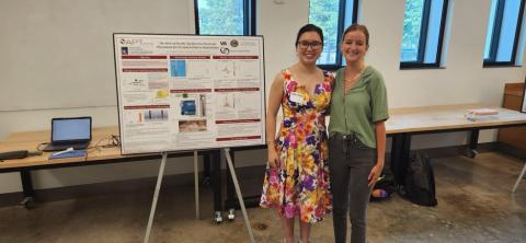 Morgan Creighton (left) poses with mentor Margaux Randolph by her poster at the Advanced Platform Research Center Summer Internship Program Research Symposium.