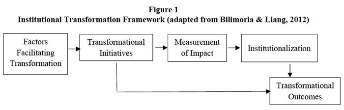 Figure 1 shows the flow of transformation from facilitation, through initiative, measurement, institutionalization, and outcomes