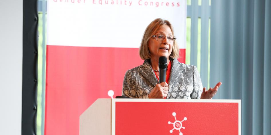 Speaker at a podium during STEM Gender Equality Congress 2017