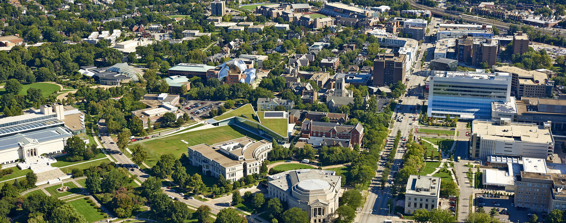 Aerial photo looking down on the CWRU campus on a bright day