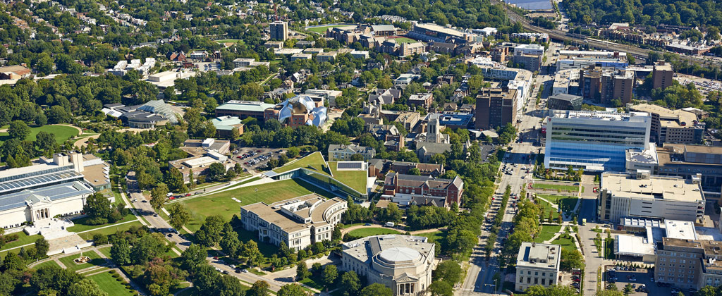 Aerial photo looking down on the CWRU campus on a bright day