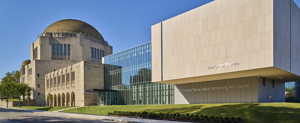 Photo of the exterior of the newly expanded Milton and Tamar Maltz Performing Arts Center at the Temple–Tifereth Israel