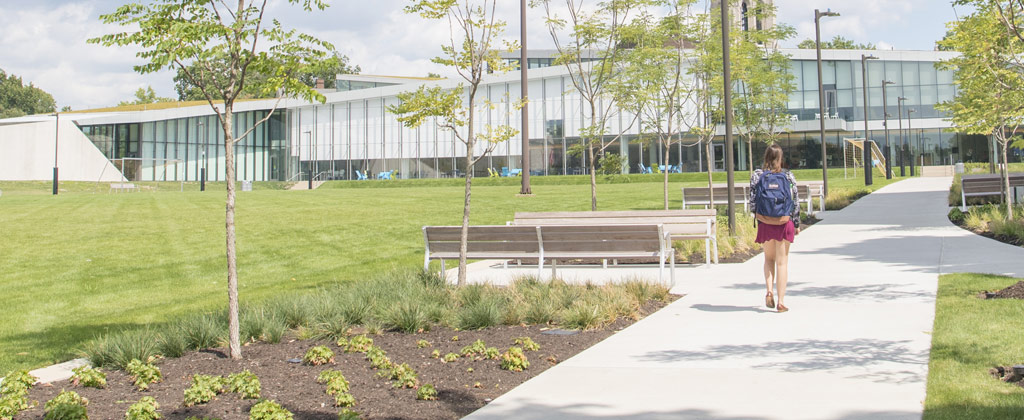 Photo from behind of a student walking down a path toward Tinkham Veale University Center on a bright clear day