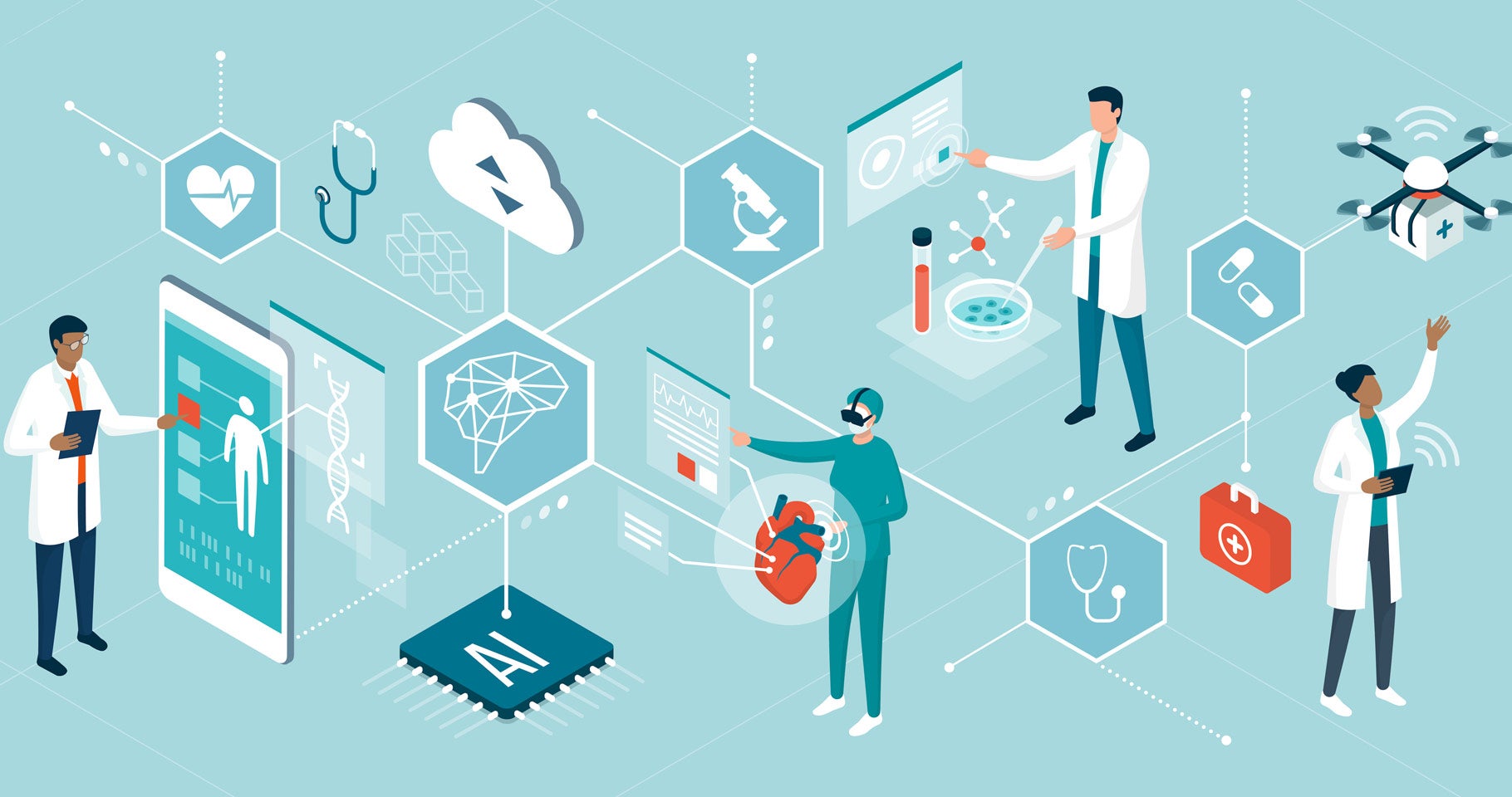 Photo illustration of the concept of the future of healthcare with physicians and researchers with petri dishes, microscopes and more