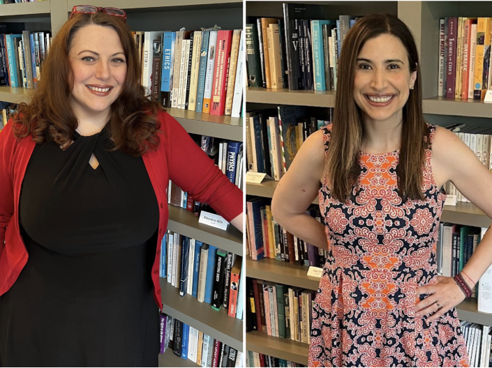 Dr. Shannon French and Beth Trecasa Standing with Bookshelves in The Inamori Center