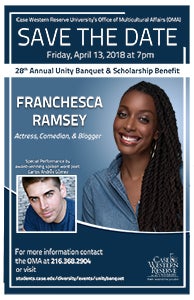 Flier advertising the Unity Banquet 2018 with guest speaker Franchesca Ramsey featuring Carlos Andres Gomez