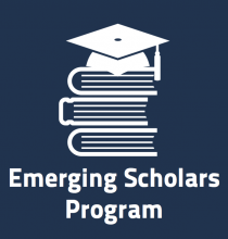 Button featuring stack of books with graduation cap atop it, text reads: Emerging Scholars Program
